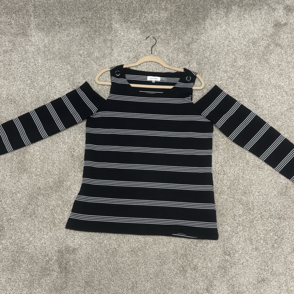 CALVIN KLEIN LG Black and White Striped Women's Top NWOT!!